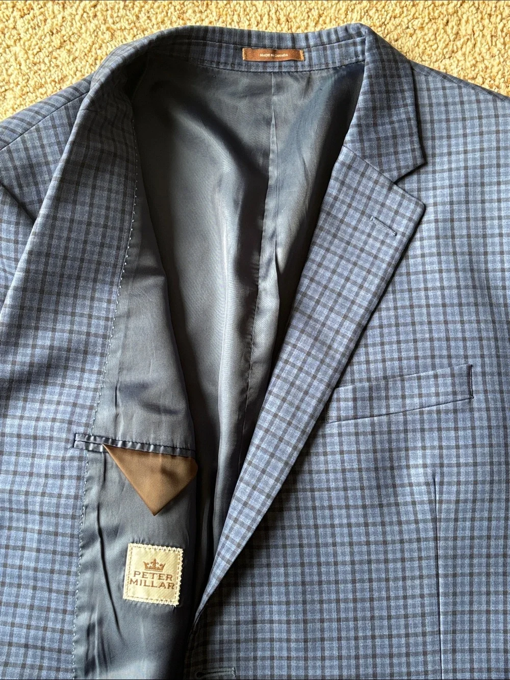 Peter Millar Men’s Blue Check 2 Button Wool Sport Coat Blazer Jacket 48 L Tall